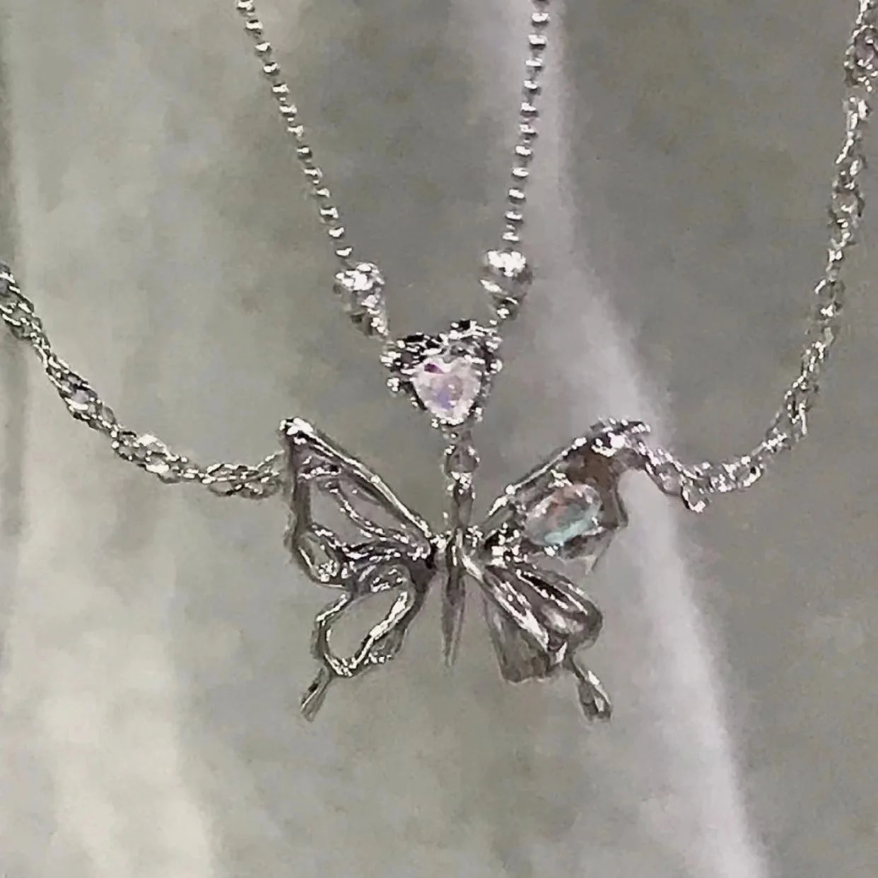Y2K Retro Kpop Silver Color Pendant Necklaces For Women Gothic Zircon Heart Cross