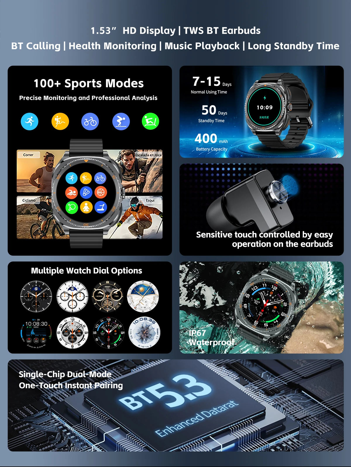 2025 New 2 in 1 Smart Watch With Earbuds Smartwatch 400MAH TWS Bluetooth Earphone Heart Rate Blood Oxygen Monitor Sports Watch