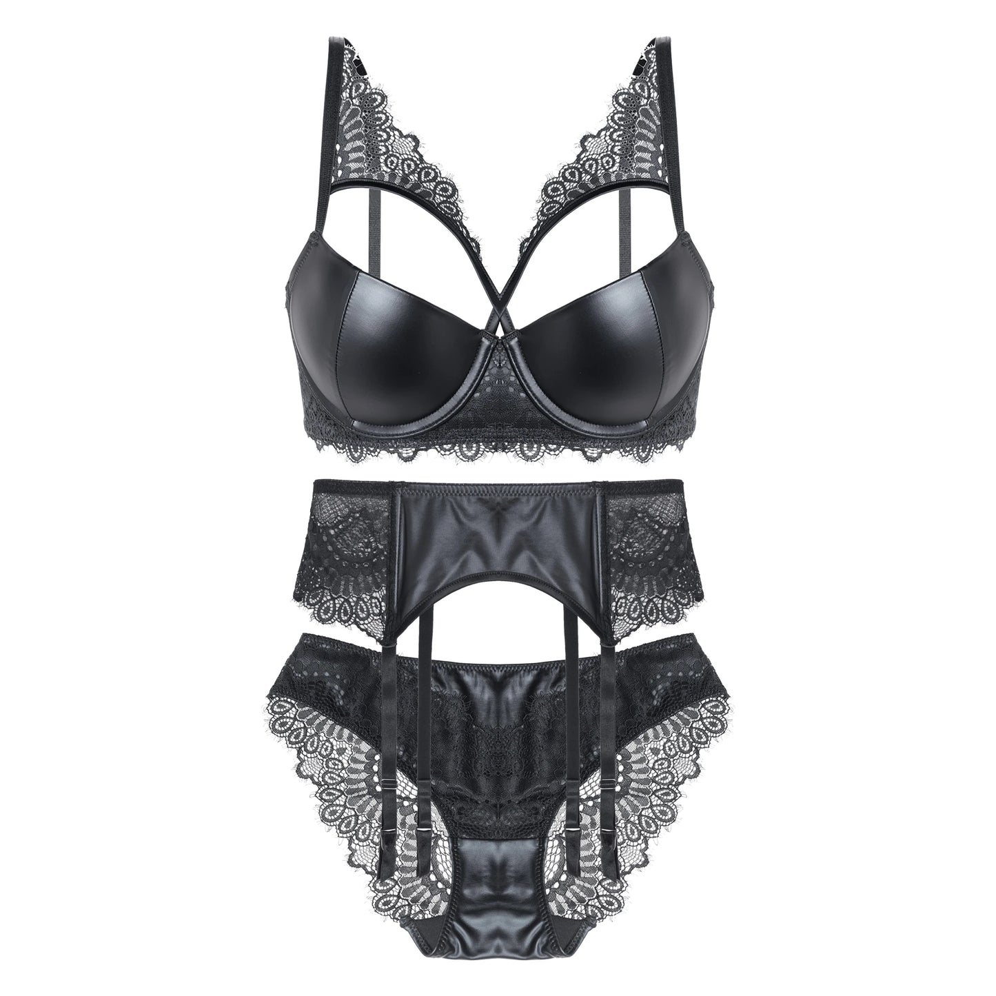 Leather Lingerie Set Female Three-pieces Bra Panties Suit With Garter Solid Lace