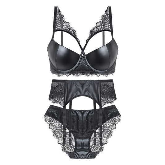 Leather Lingerie Set Female Three-pieces Bra Panties Suit With Garter Solid Lace
