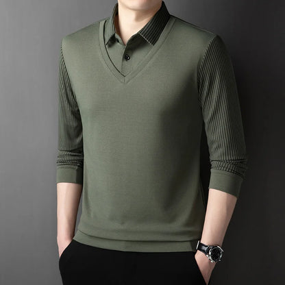 2025 New Men's Casual and Fashionable Long Sleeved Solid Color Fake Two-piece Polo Shirt Business All Season Versatile Top