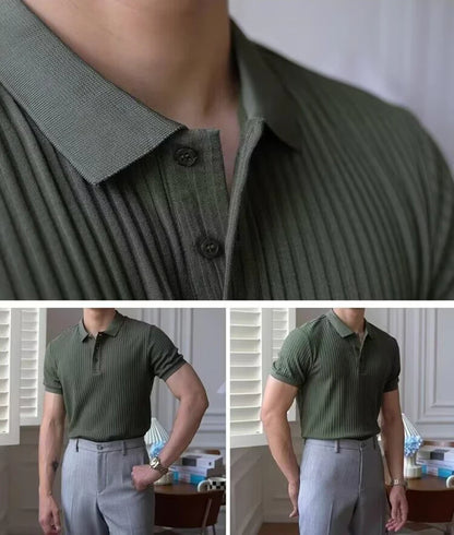 Vertical Stripe Knit Polo Men's Shirts Summer New Slim Solid Color Breathable Turn-Down Collar Business Short Sleeve Polo Tops