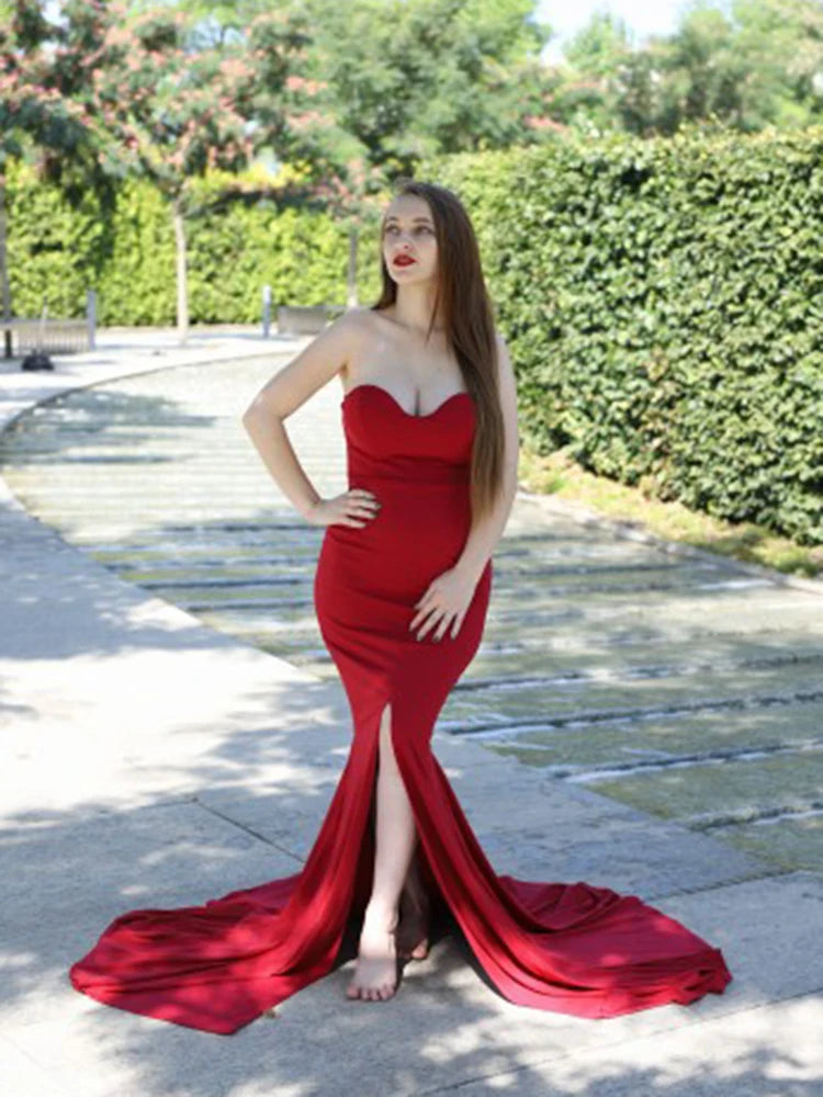 Formal attire Dresses: Long Black Maxi Dress Front Slit Bare Shoulder Red Women