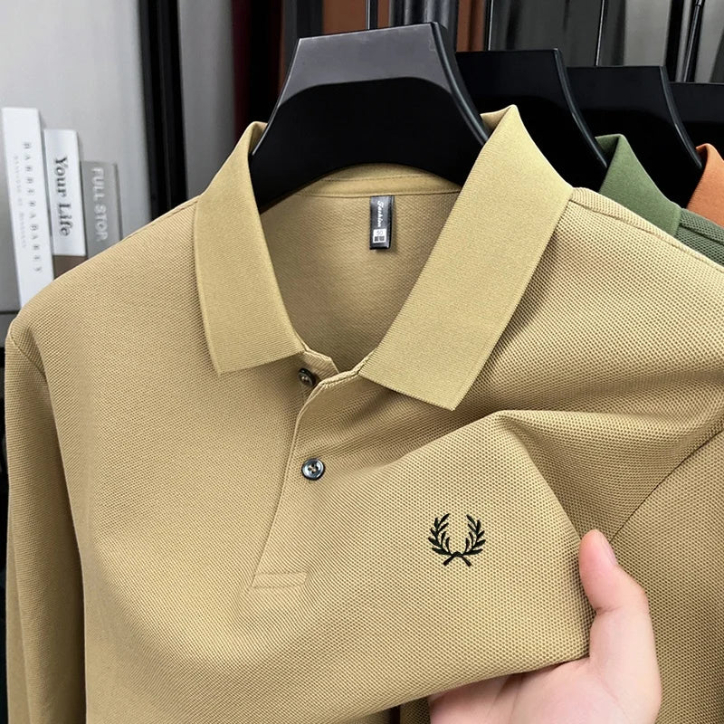 100% pure cotton high-end brand men's long sleeved polo shirt autumn fashion hot selling wheat embroidery golf business T-shirt