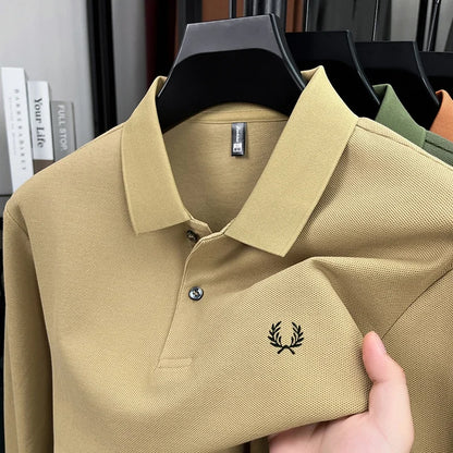 100% pure cotton high-end brand men's long sleeved polo shirt autumn fashion hot selling wheat embroidery golf business T-shirt