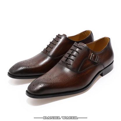 Classic Men's Genuine Leather Oxford Shoes Buckle Lace-Up Office Dress Wedding Brogue Pointed Toe Business Formal Shoes for Men