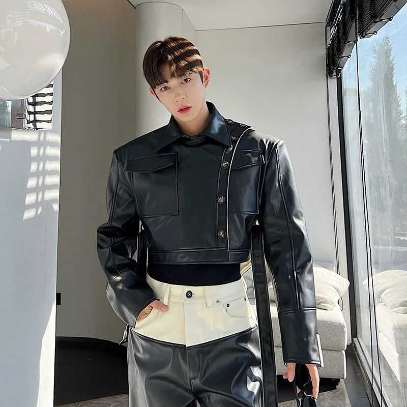 Designer Short Denim Pu Leather Jacket Contrast Color 2023 Turn-down Collar