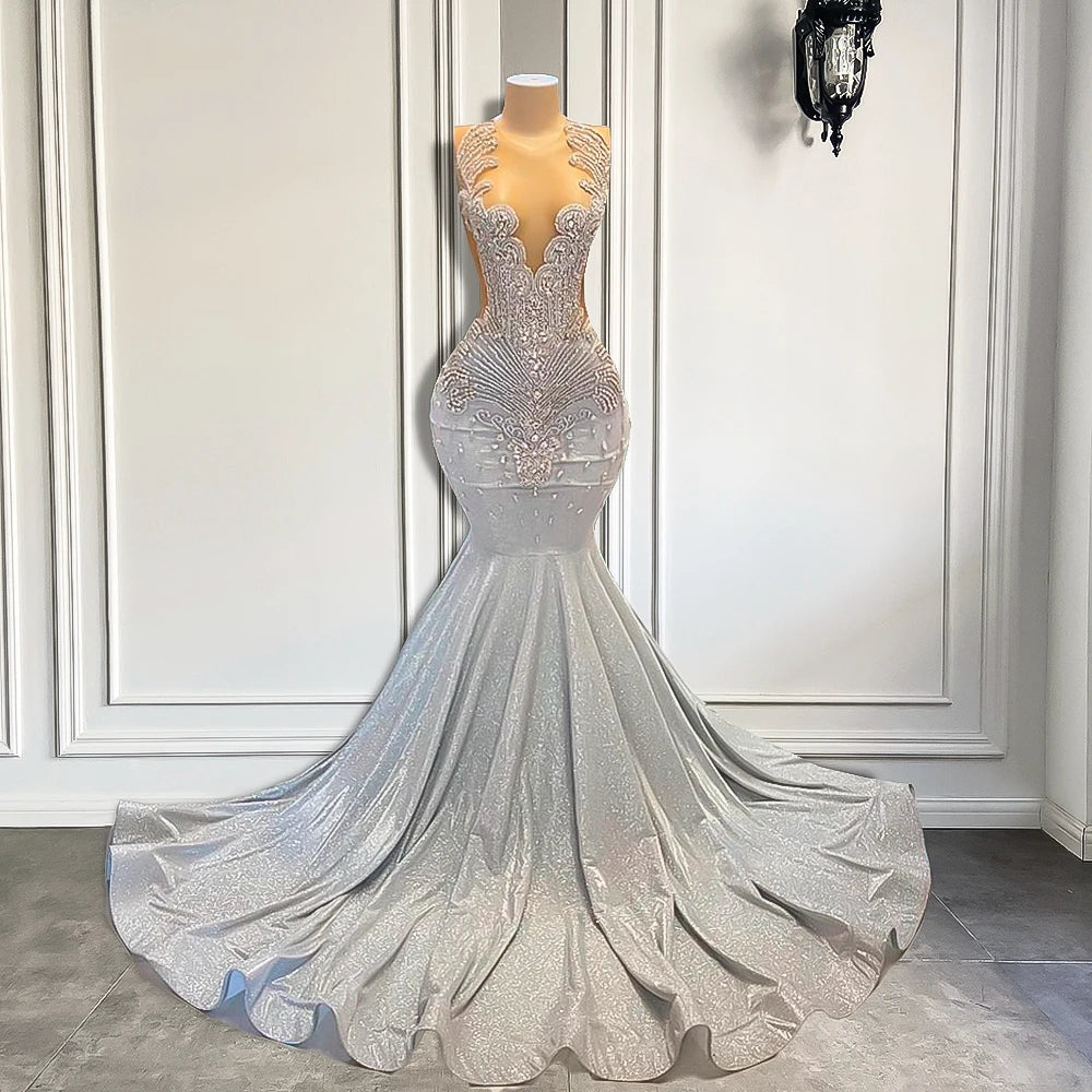 Homecoming Dresses: Women Silver Long Mermaid Prom Dresses Sheer Mesh