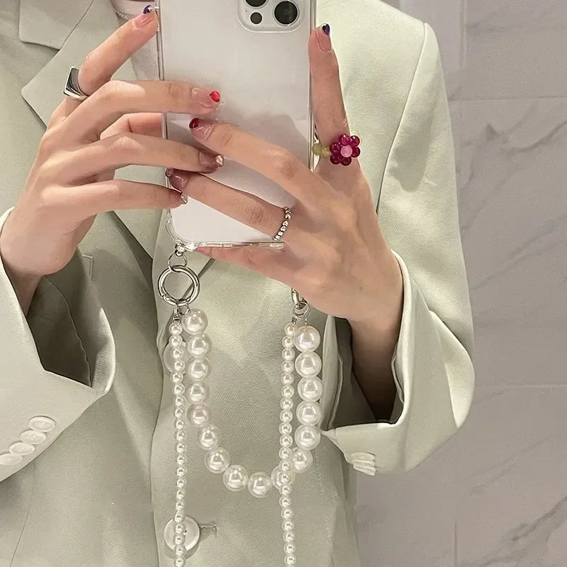 Pearl Chain With Casing for iPhone 16 15 14 13 12 11 Pro Max XR 8 7 Plus Crossbody Necklace Lanyard Phone Case Shockproof Cover