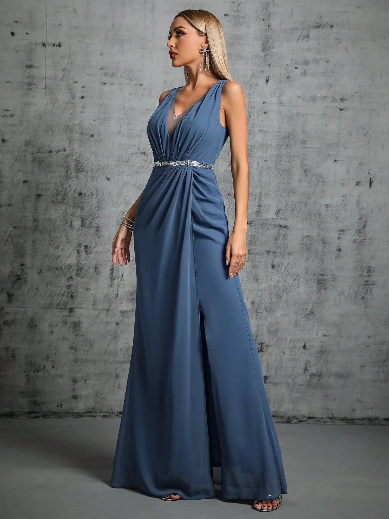 Homecoming Dresses: V-neck silver sequin belt pleated chiffon slit skirt Party Dress