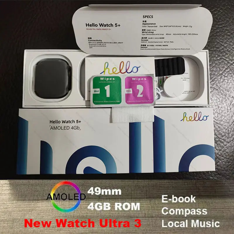 Smartwatch 2026 Original Hello Watch 5 Plus ULTRA3 49mm HD AMOLED 4G ROM NFC DeepSeek GPS Compass Bluetooth Call Clock Men Women
