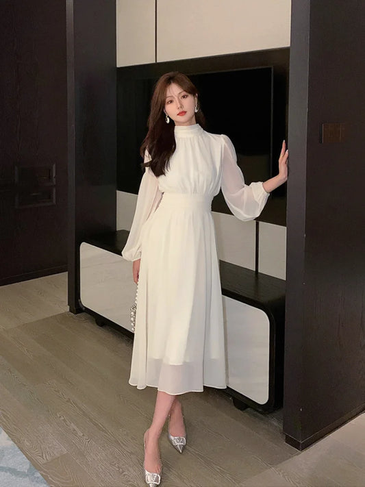 Spring Turtleneck White Midi Dress Women Long Sleeve French Elegant Temperament One Piece Dress Evening Party Prom Robe Female