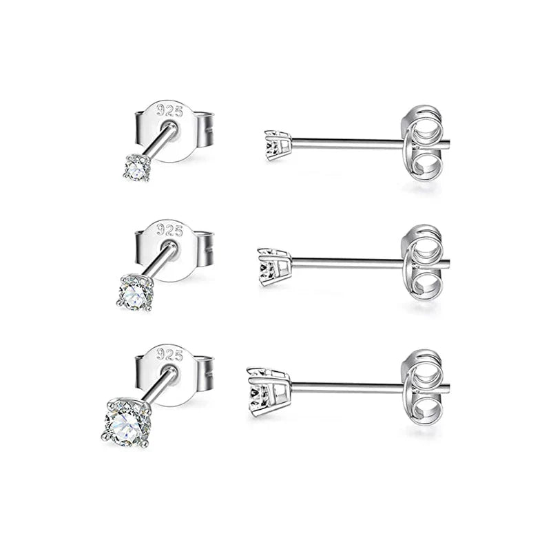 CANNER 3pcs/set Bling Zircon Earring 925 Sterling Silver Cute Mini Heart Star Stud Earrings Ear Bone Earlobe Piercing Jewerly