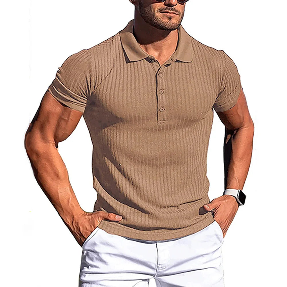 New Summer Polo Men Solid Stripe Fitness Elasticity Short Sleeve Polo Shirts for Men Fashion Stand Collar Mens Shirts