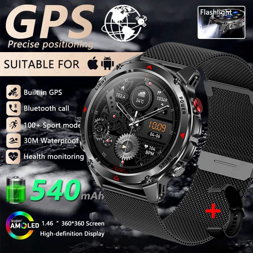 Outdoor Military Smart Watch Men Built-in GPS 1.46" AMOLED Compass