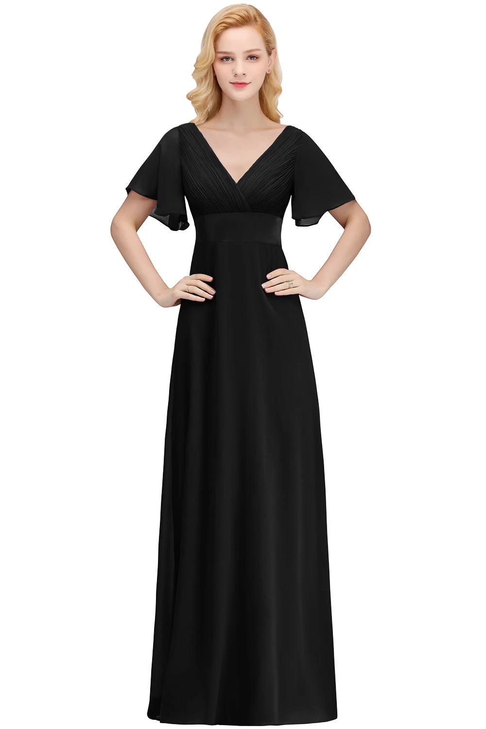 Chiffon Dresses For Prom Dress In Pristine Floor-length Short Sleeves White V-neckline And Sweeping A-line Skirt Zip-up Back