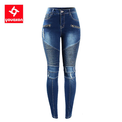 2077 Youaxon Women`s Fashion Motor Biker Style Jeans Mid High Waist Denim Skinny Pants Jeans For Women Clothing Free Shipping