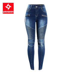 Women`s Fashion Motor Biker Style Jeans Mid High Waist Denim Skinny Pants Jeans