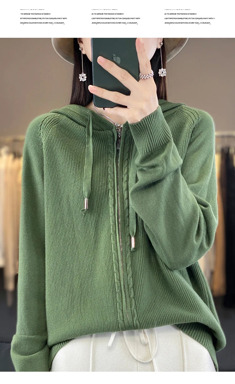 autumn and winter hooded cardigan women's knitted top loose sweater casual