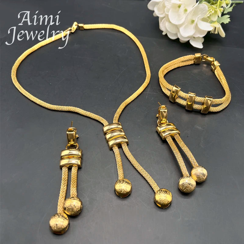 24K Gold Plated Jewelry Set for Women Chain Beads Decor Necklace Earrings
