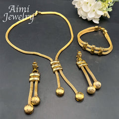 24K Gold Plated Jewelry Set for Women Chain Beads Decor Necklace Earrings