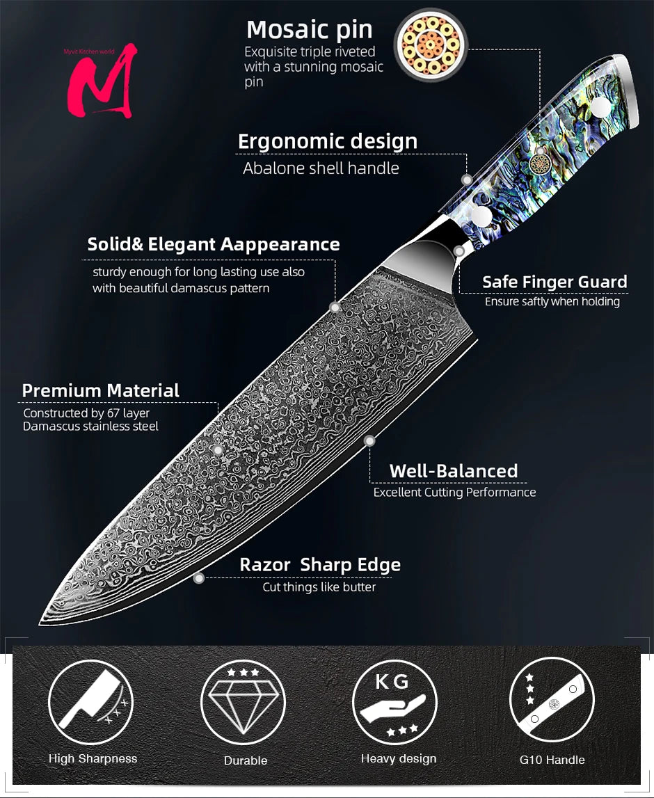 Damascus Knife Chef Knife Japanes VG10 67 Layer Steel Cleaver Paring Bread Knife