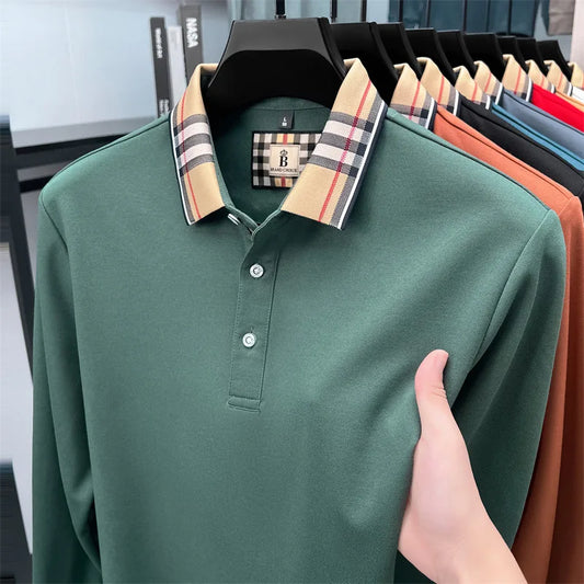 Men's Plaid Long Sleeve Polo Shirt Autumn Winter Casual Office Outdoor Fashion Top Commercial Collar Trendy Men's Clothing
