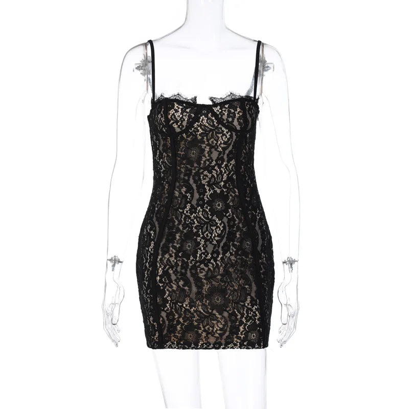 Sexy See Through Lace Spaghetti Strap Mini Dresses Women Package Hip Bodycon Party Night Club Dress Female Streetwear Vestidos