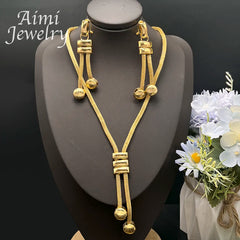 24K Gold Plated Jewelry Set for Women Chain Beads Decor Necklace Earrings