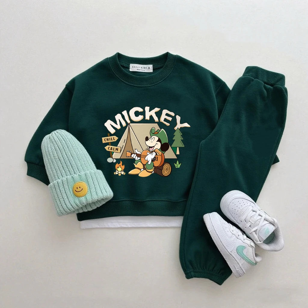 Boys Trendy Wear Long-sleeved Tracksuits Children 2026 Costume Mickey Mouse Tops Green Sweatpants New Two Piece Baby Clothing