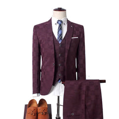 Plaid Suit Men Blazer Vest Pants Business British Style Wedding Dress Banquet