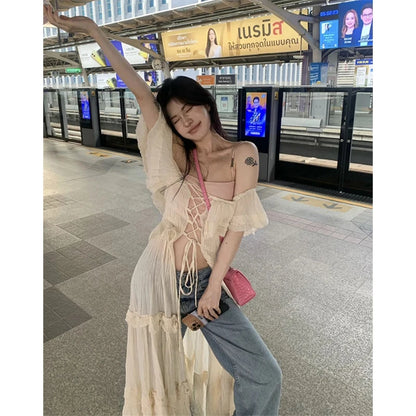 MEXZT Sweet Ruffles Dress Women Y2K Slash Neck Bandage Robe Vintage Streetwear Hollow Out Dresses Korean Tunic Maxi Vestidos New