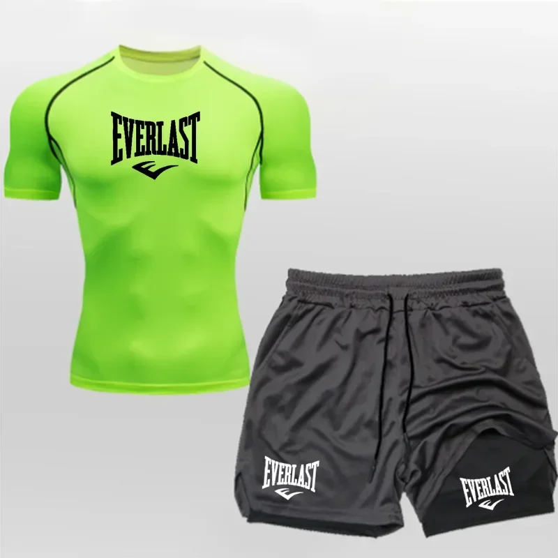 EVERLAST Men's Compress Shirt + 2-in-1 sports shorts 2pcs Set Leisure Breath Short Sleeve Sport Jogging Gym Brand Print Clothing
