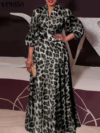 Plus Size 5XL VONDA Bohemian Dress Elegant Women Leopard Print Dress 2024 Long Lantern Sleeve Loose V Neck Casual Party Sundress