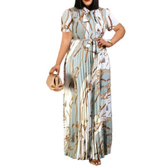 Plus Size dress Tie Neck Chain Print Pleated A Line Dress short sleeve maxi dresses