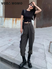 Women's Korean Style Cargo Pants Jogger Elastic Waist High Harajuku Straight Pants