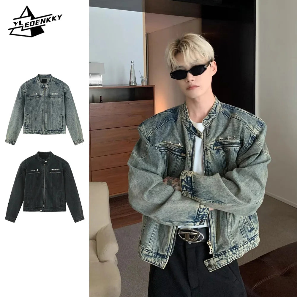 Men's Denim Jackets American-style High Street Zippers Coat Vintage Washed