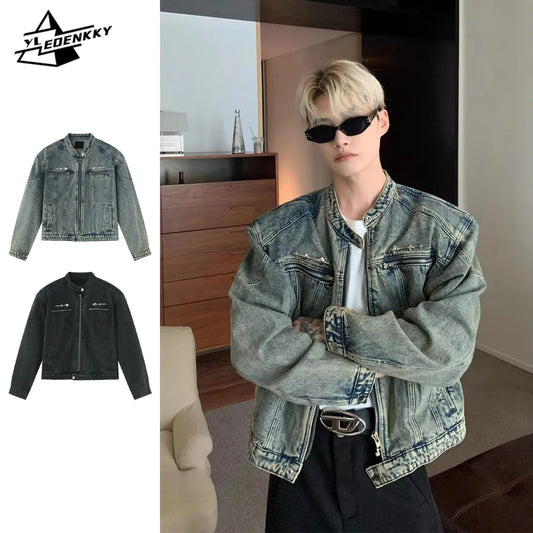 Men's Denim Jackets American-style High Street Zippers Coat Vintage Washed
