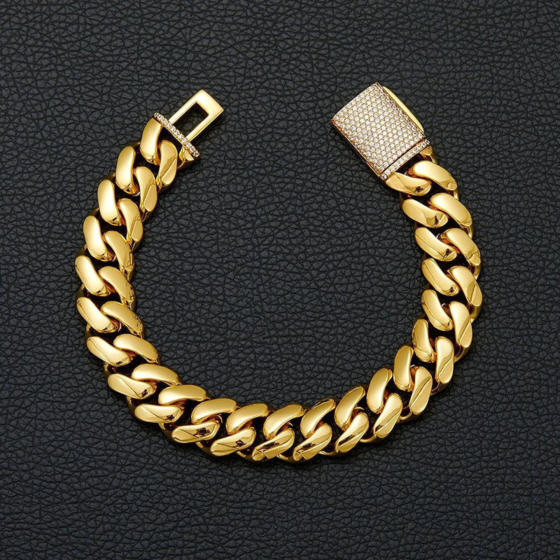 Hip Hop Rock Stainless Steel Rhombus Cuban Miami Link Chain Bracelets for Men Bling Iced Out Rapper Jewelry Gold Silver Color