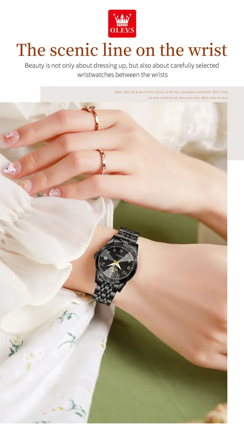 OLEVS 9970 Original Luxury Quartz Watch for Women Rhombus Mirror Digital Dial Calendar Stainless Steel Waterproof Wrist Watches