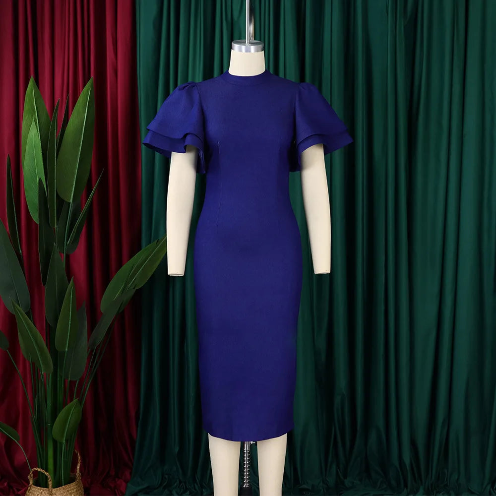 Evening Dresses: Women Denim Dresses O Neck  Ruffle Flare Sleeves Package