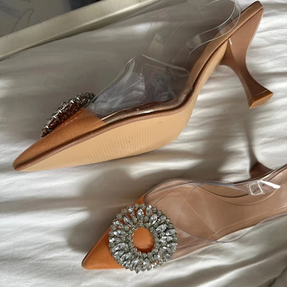 Luxury Brand Women High Heels Rhinestone Fashion Sandals 2023 Summer Transparent Shoes Ladies Pumps Slingbacks Plus Size 42