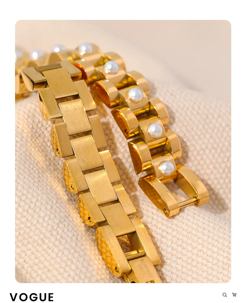 Yhpup 18cm Stainless Steel Imitation Pearls PVD Gold Plated Thick Cuban Chain Charm Bangle Bracelet Fashion Jewelry Wome