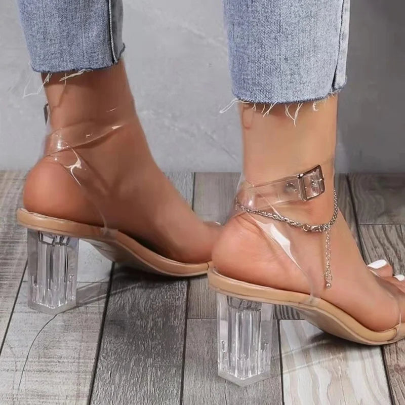 High Heel Summer Women 2022 Thick Heel Transparent Belt PVC Plus Size Women Sandals Closed Toe Ladies Sandal Heels Sandaleas