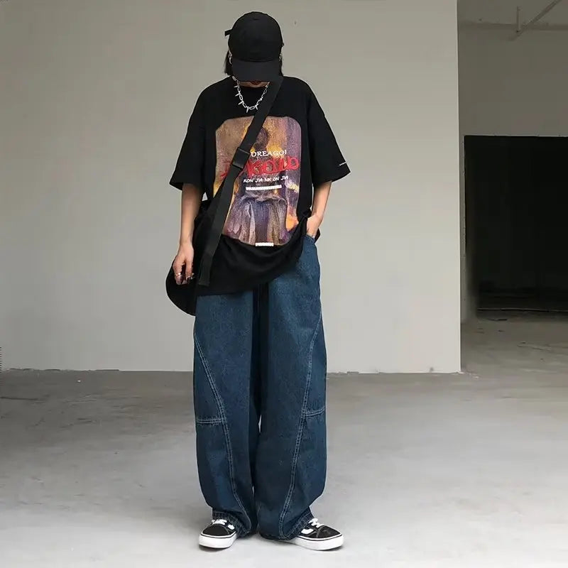 Japanese Oversized Jeans Men's Fashion Baggy Solid Color Casual Stitching Trousers
