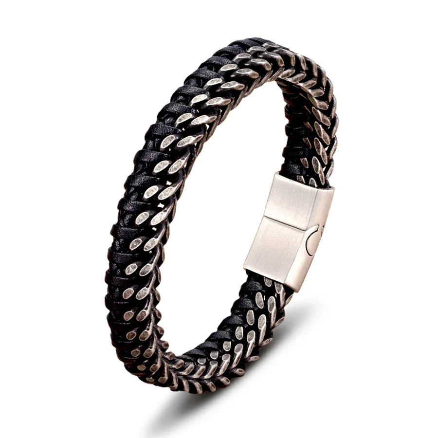 TYO New Fashion Stainless Steel Double Chain Braid Leather Mens Bracelet with Magnetic Buckle Best Gifts Whoesale Dropshipping