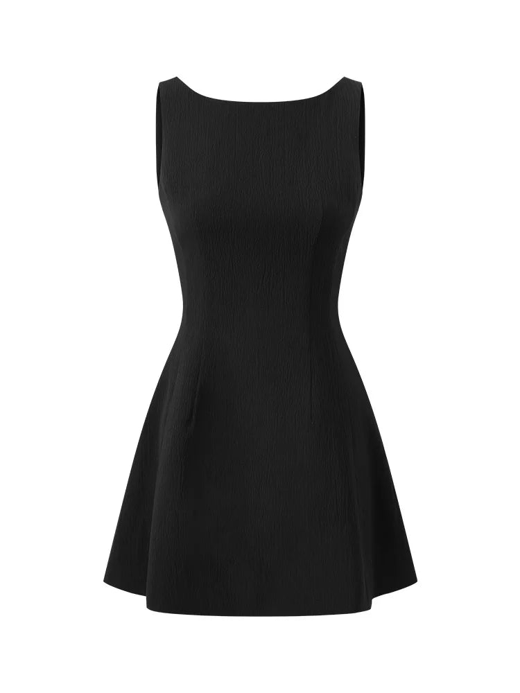 French Black Sleeveless Mini Dress Women Summer Slim Fit A-Line One-Shoulder Strap Dress Petite Elegant Casual Vacation Outfit