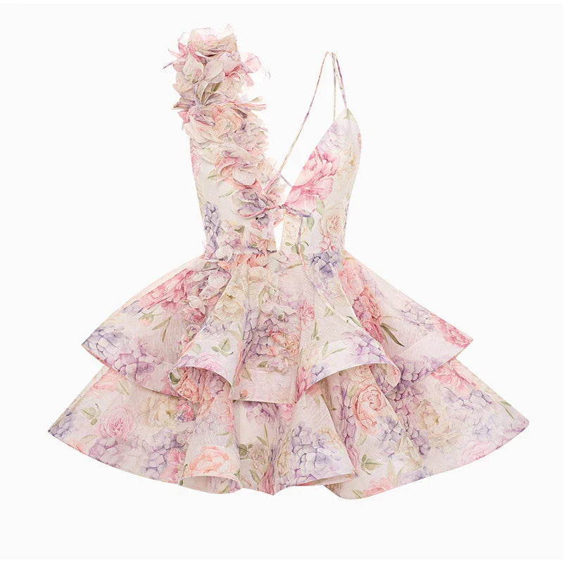 Backless Party Dress Women Elegant 3D Flower Print Sling Lace Up Ruffle A-line Mini Evening Dresses Female 2025 Summer Swimwears