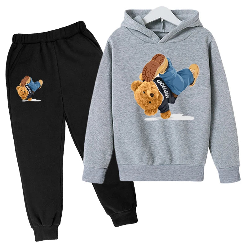 Kids Hoodie Set Cotton Top Pants 2pcs Sets Spring/Autumn Children's Clothing Street Dance Cartoon Bear Print Boys Girls Tops