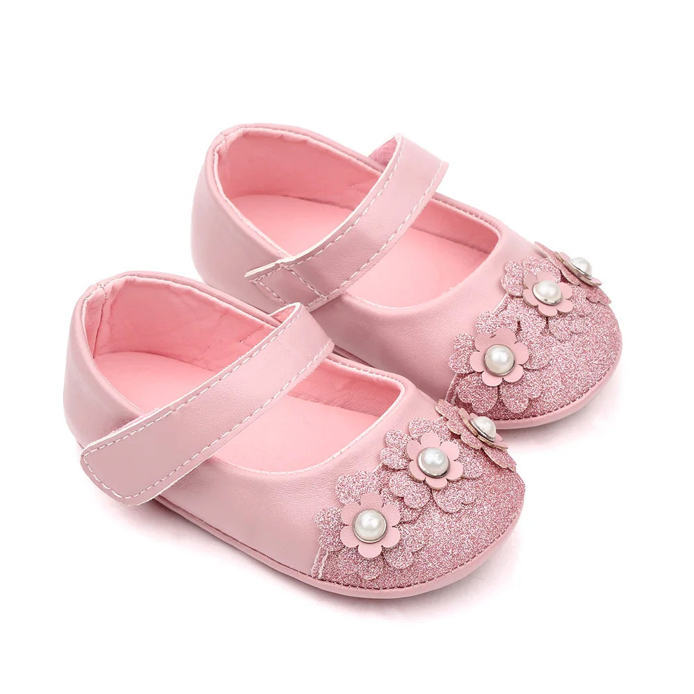 Baby Girl Shoes Princess Glitter Flower Soft PU Mary Jane Shoes Anti-slip Sole